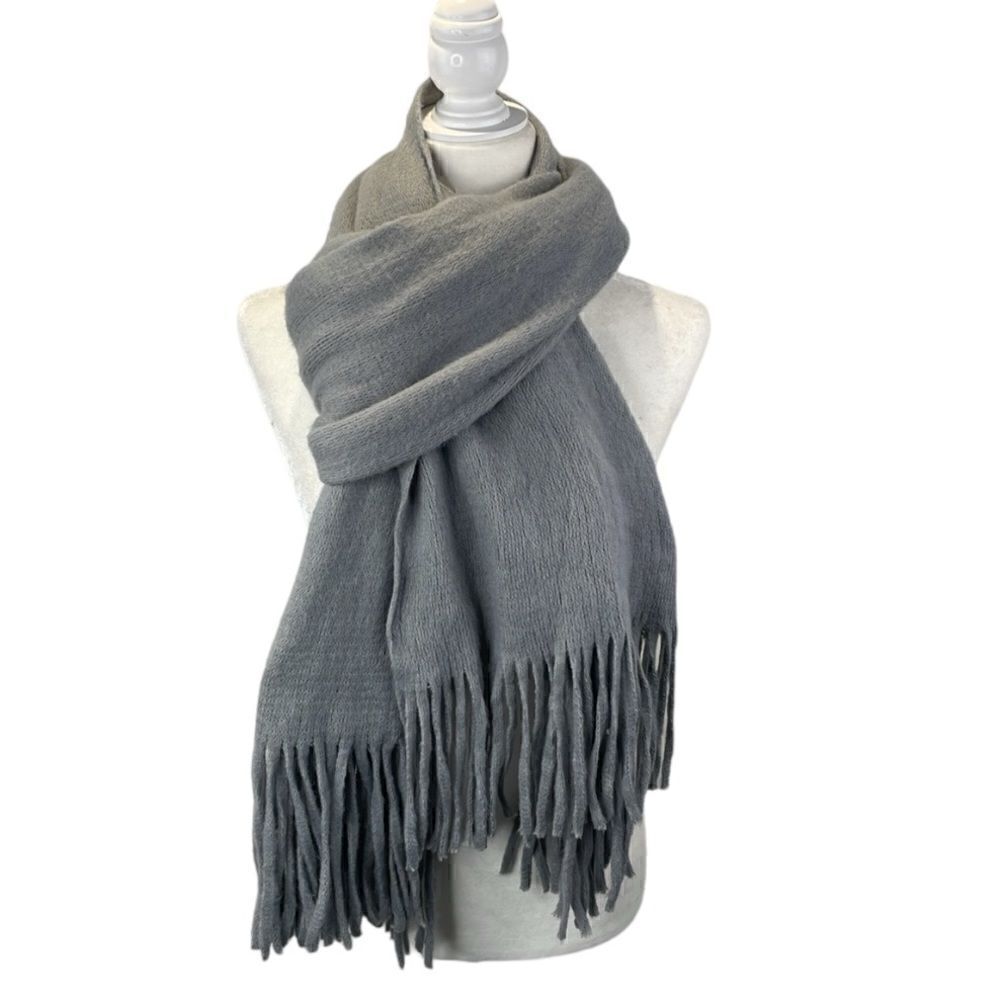Steve Madden Rectangular Oversized Gray Fringed Scarf